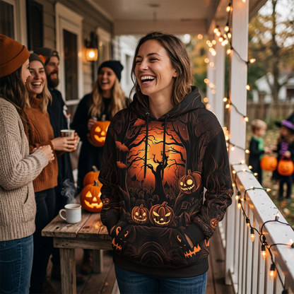 Kessoro Unisex Halloween Pumpkin and Forest Print Pullover Hoodie