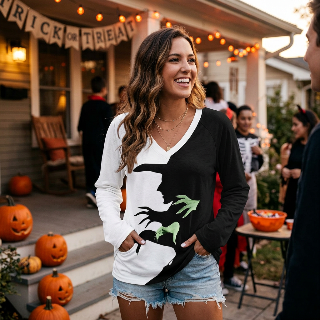 Kessoro Women's Halloween Graphic V-Neck Long-Sleeve Top