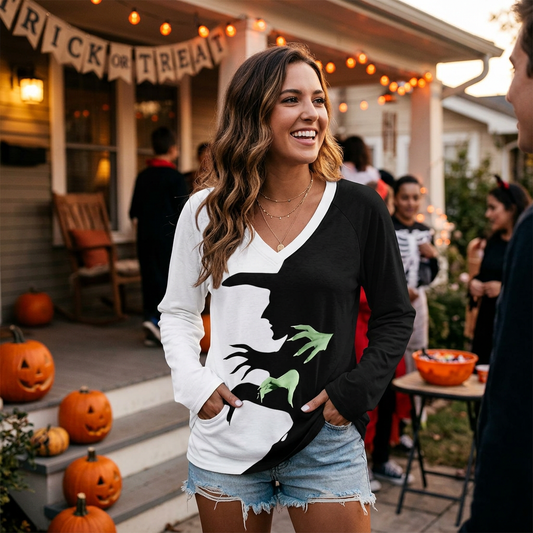 Kessoro Women's Halloween Graphic V-Neck Long-Sleeve Top