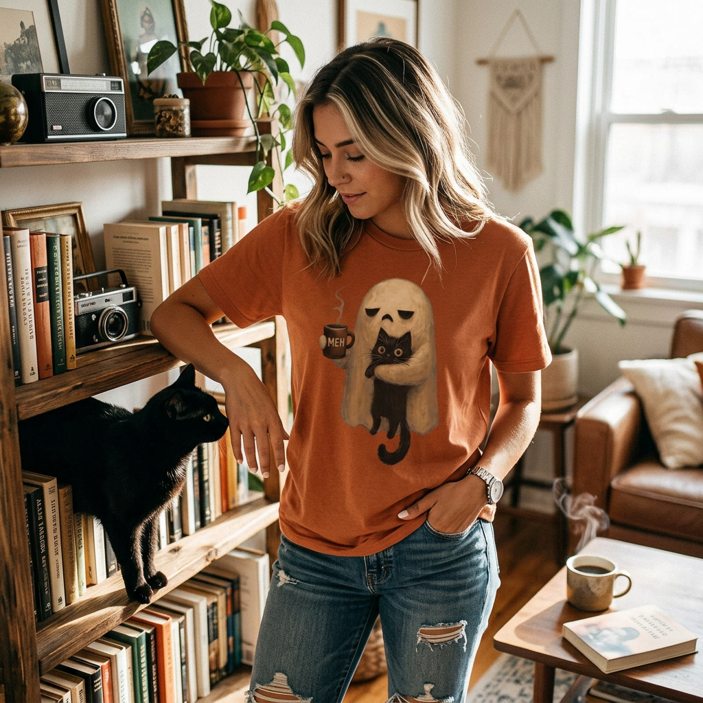 Kessoro Women's Halloween Ghost and Cat Print T-Shirt