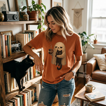 Kessoro Women's Halloween Ghost and Cat Print T-Shirt