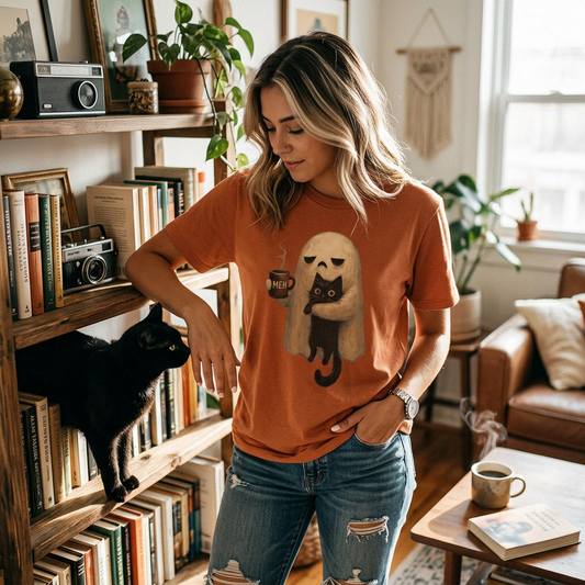 Kessoro Women's Halloween Ghost and Cat Print T-Shirt