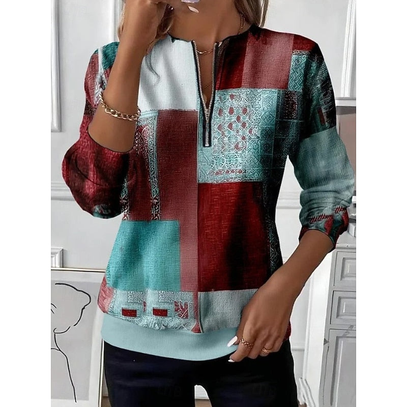 Kessoro women's half-zip color block pullover sweatshirt in khaki, brown and light green - view 2