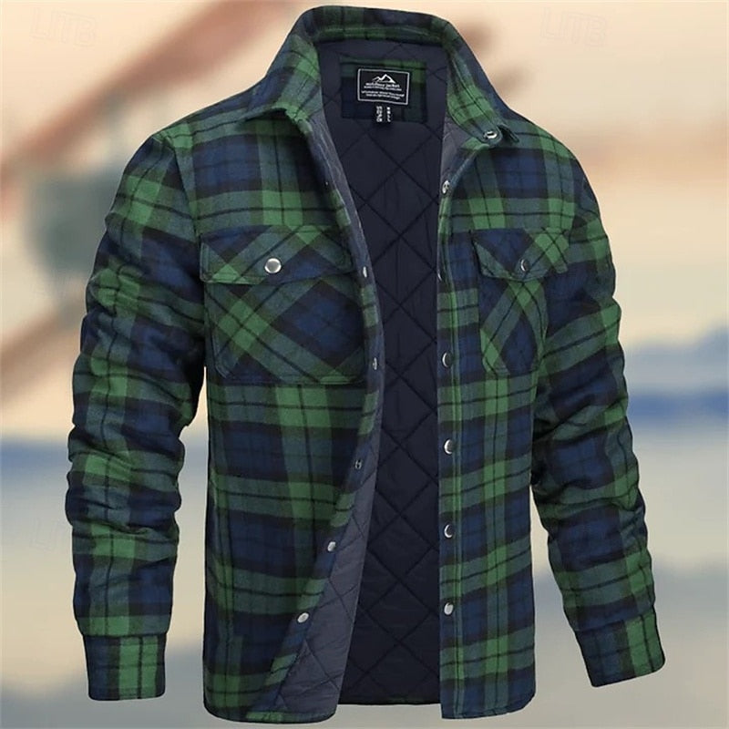 Kessoro men's quilted plaid flannel shirt jacket in orange, khaki, green, burgundy, navy, white and sky blue - product view 3