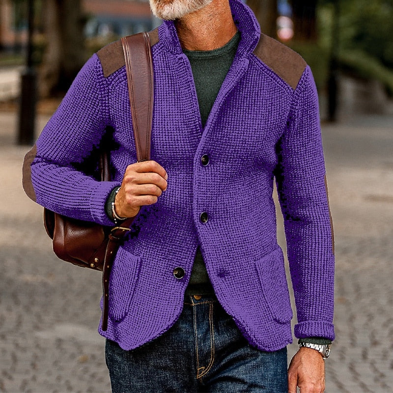 Kessoro textured knit stand-collar button cardigan for men in Navy Blue, view 8