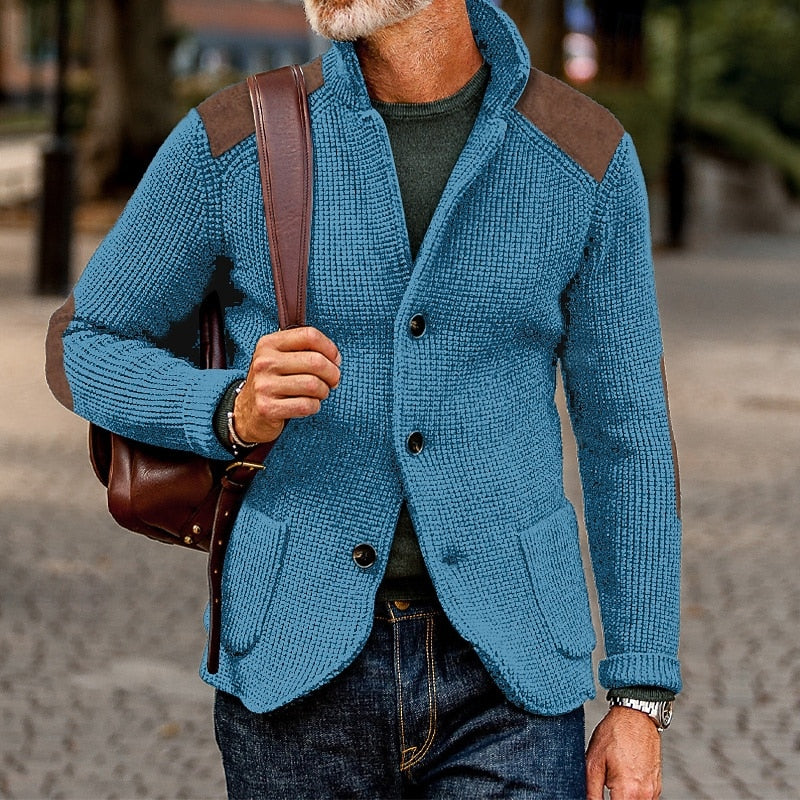 Kessoro textured knit stand-collar button cardigan for men in Navy Blue, view 7