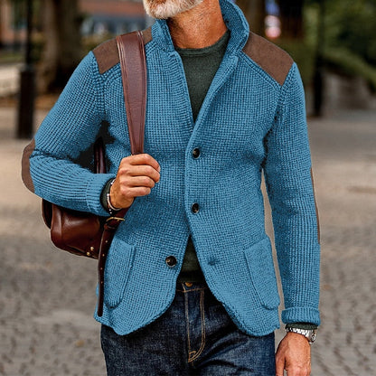Kessoro textured knit stand-collar button cardigan for men in Navy Blue, view 7