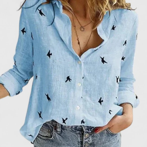 Kessoro women's relaxed-fit collared button-up blouse in black, white, blue and pastel tones, view 10