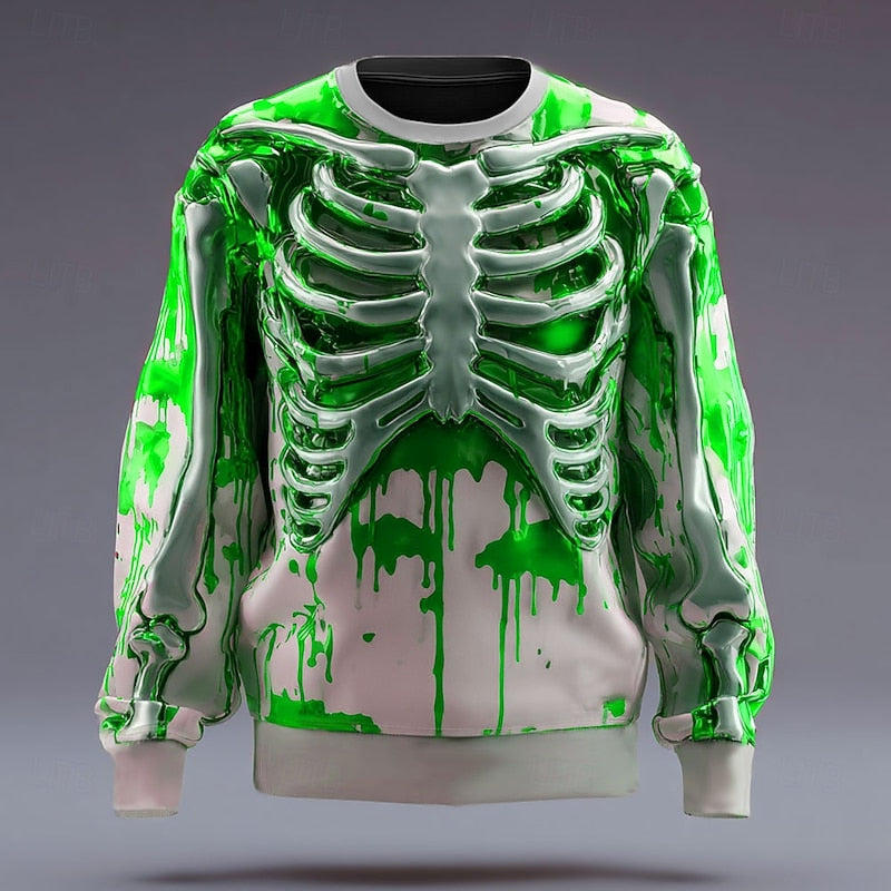 Kessoro Green Halloween skeleton print crew neck sweatshirt for men and women