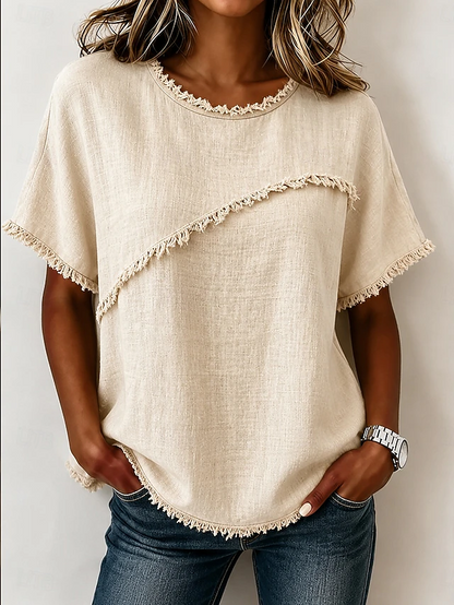 Kessoro women's frayed-trim round neck short-sleeve top in neutral and pastel shades