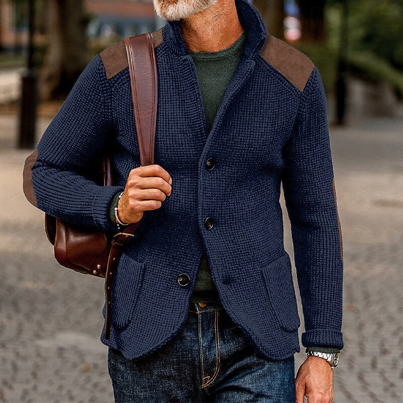 Kessoro textured knit stand-collar button cardigan for men in Navy Blue, view 1