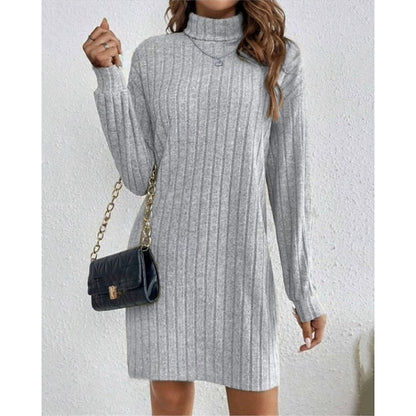Kessoro women's ribbed roll-neck relaxed knit dress with a soft ribbed texture