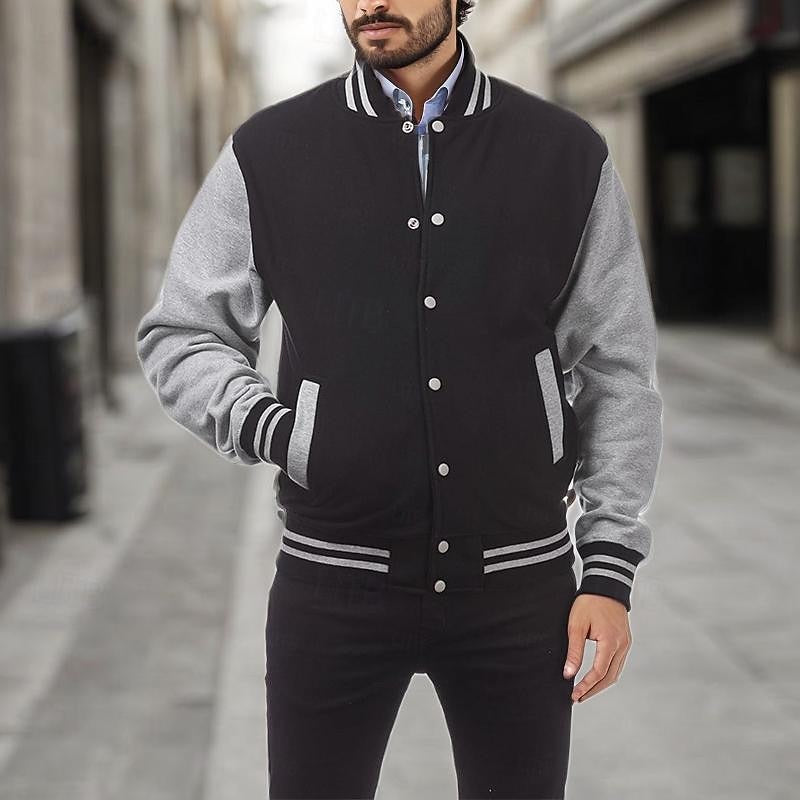 Kessoro men's classic ribbed-trim varsity jacket in light grey, royal blue, black and navy blue – image 1 of 12