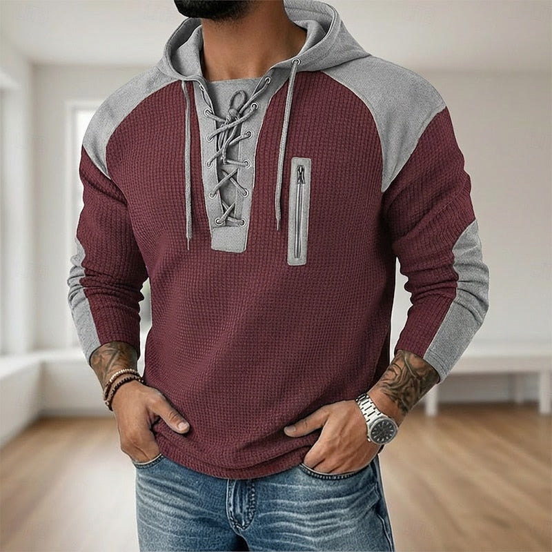 Kessoro men's lace-up textured pullover hoodie in green, light blue, navy and black, view 5