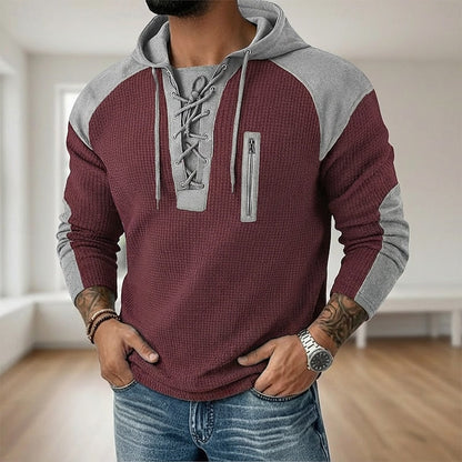 Kessoro men's lace-up textured pullover hoodie in green, light blue, navy and black, view 5