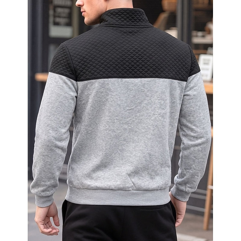 Kessoro men's textured quarter-zip color block sweatshirt in grey, army green, navy and khaki
