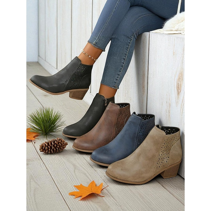 Kessoro women's cutout side-zip low block heel ankle boots in brown, khaki, black and blue - view 1