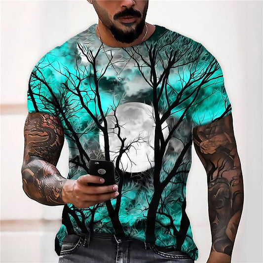 Kessoro Blue Halloween moonlit forest print crew neck T-shirt for men