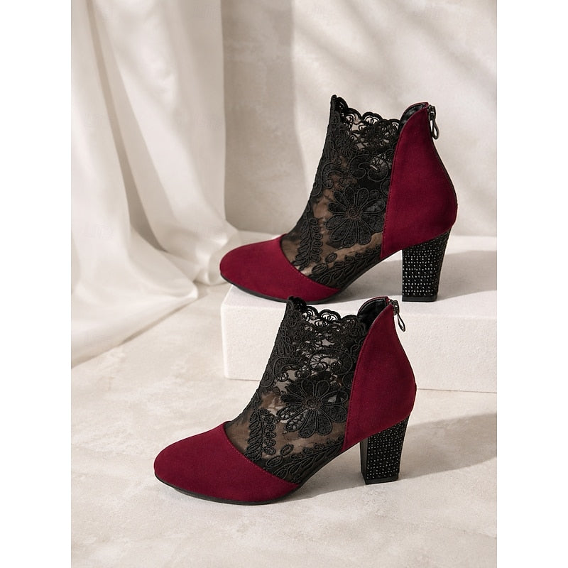 Kessoro women's floral lace block-heel ankle boots in wine, black and yellow