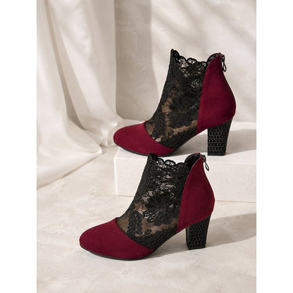 Kessoro women's floral lace block-heel ankle boots in wine, black and yellow