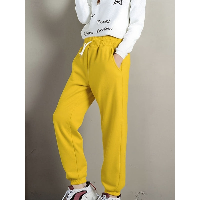 Kessoro women's high-waist fleece-lined drawstring joggers in pink, grey, black or yellow