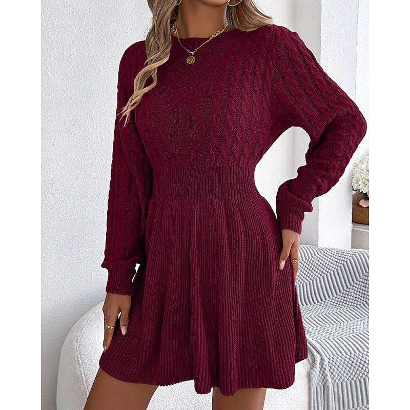Kessoro women's cable-knit crew-neck sweater dress with a defined waist and flared skirt