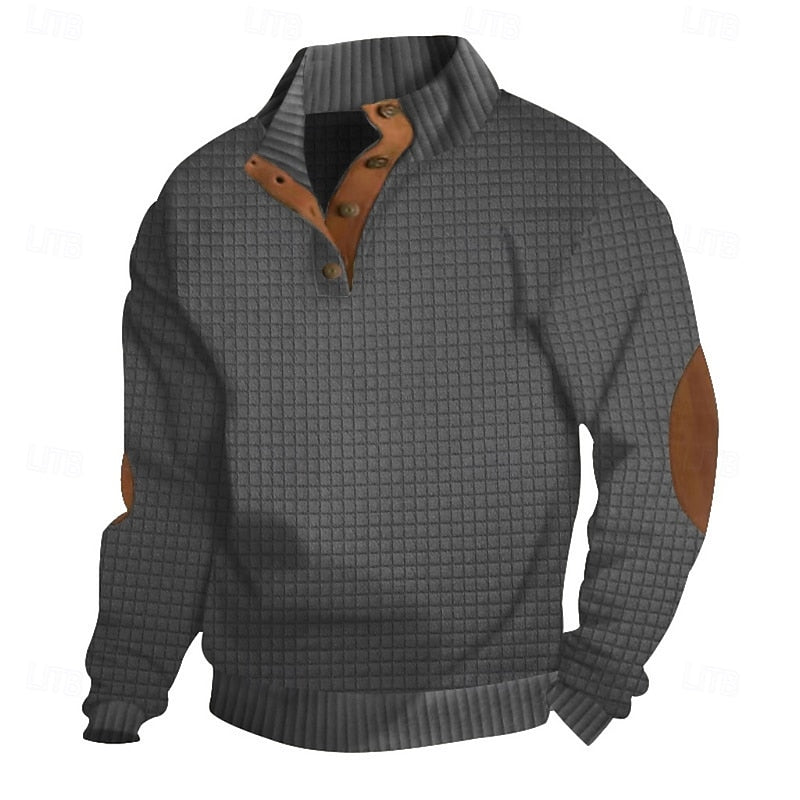 Kessoro waffle textured stand collar pullover for men in Khaki, view 10