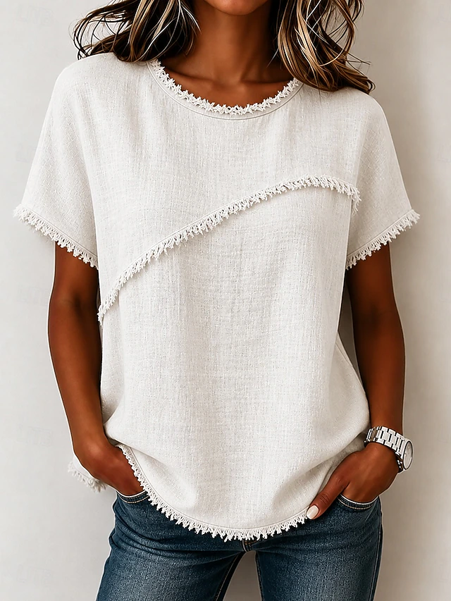 Kessoro women's frayed-trim round neck short-sleeve top in neutral and pastel shades