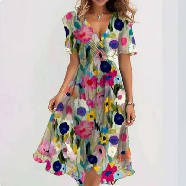 Kessoro women's V-neck short-sleeve summer dress in green, pink, beige and multicolor colorways - women's dresses