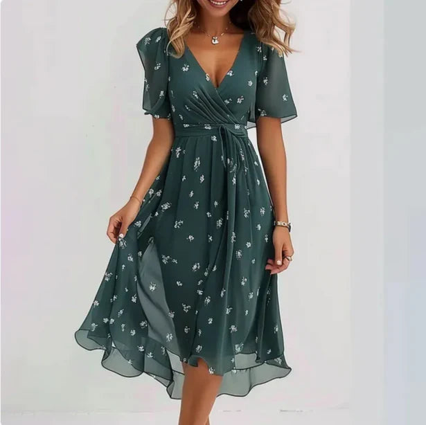 Kessoro women's V-neck short-sleeve summer dress in green, pink, beige and multicolor colorways - women's dresses