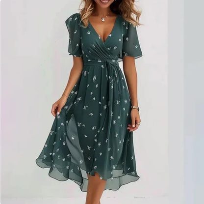 Kessoro women's V-neck short-sleeve summer dress in green, pink, beige and multicolor colorways - women's dresses
