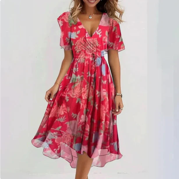 Kessoro women's V-neck short-sleeve summer dress in green, pink, beige and multicolor colorways - women's dresses