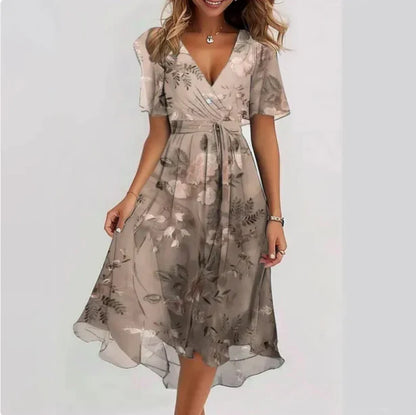 Kessoro women's V-neck short-sleeve summer dress in green, pink, beige and multicolor colorways - women's dresses