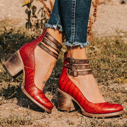 Kessoro women's classic strap comfort heels in brown, black, red, white and snake-print colorways - women's footwear