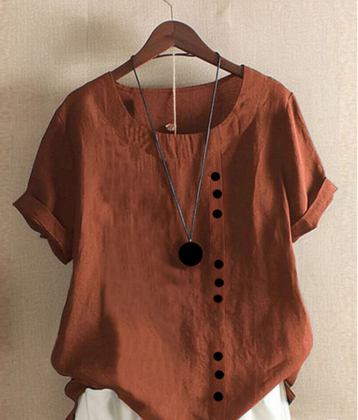 Women's asymmetrical button detail lightweight summer blouse in nine colourways, shown for womenswear styling