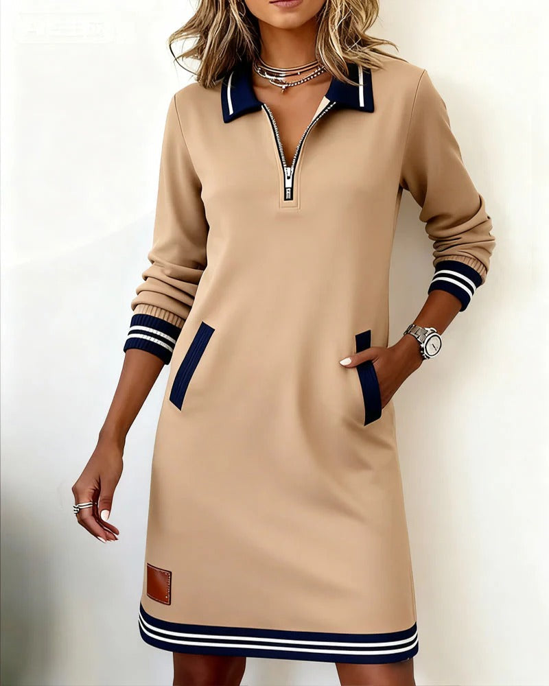 Women's long sleeve lapel collar zip-front cotton-blend dress with side pockets