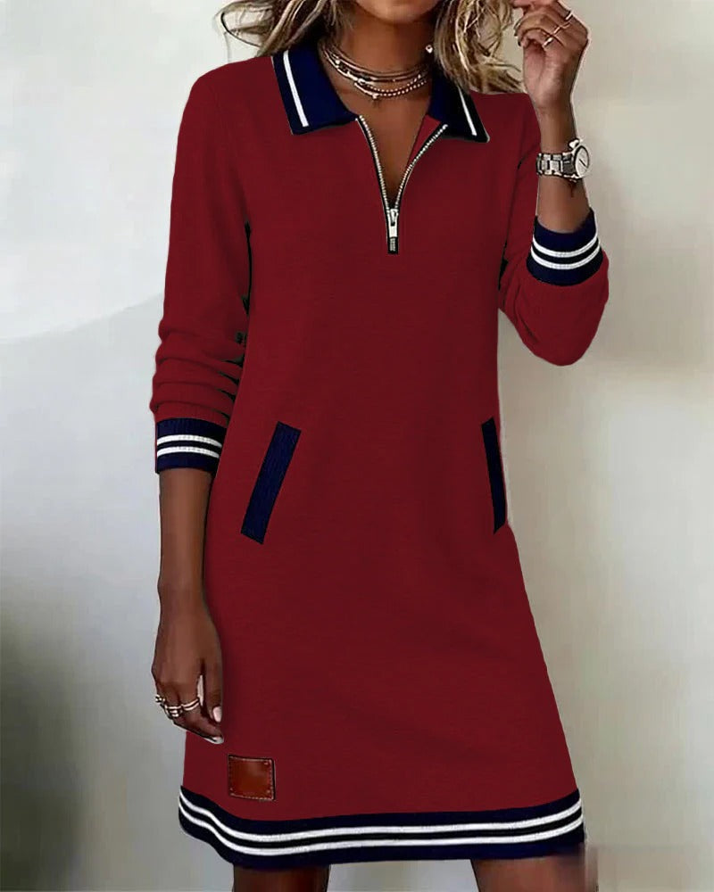 Women's long sleeve lapel collar zip-front cotton-blend dress with side pockets