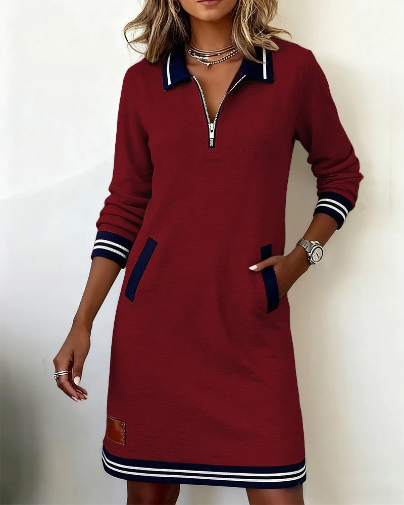 Women's long sleeve lapel collar zip-front cotton-blend dress with side pockets