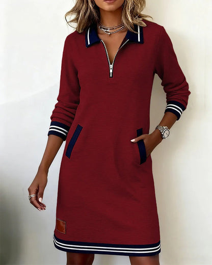 Women's long sleeve lapel collar zip-front cotton-blend dress with side pockets