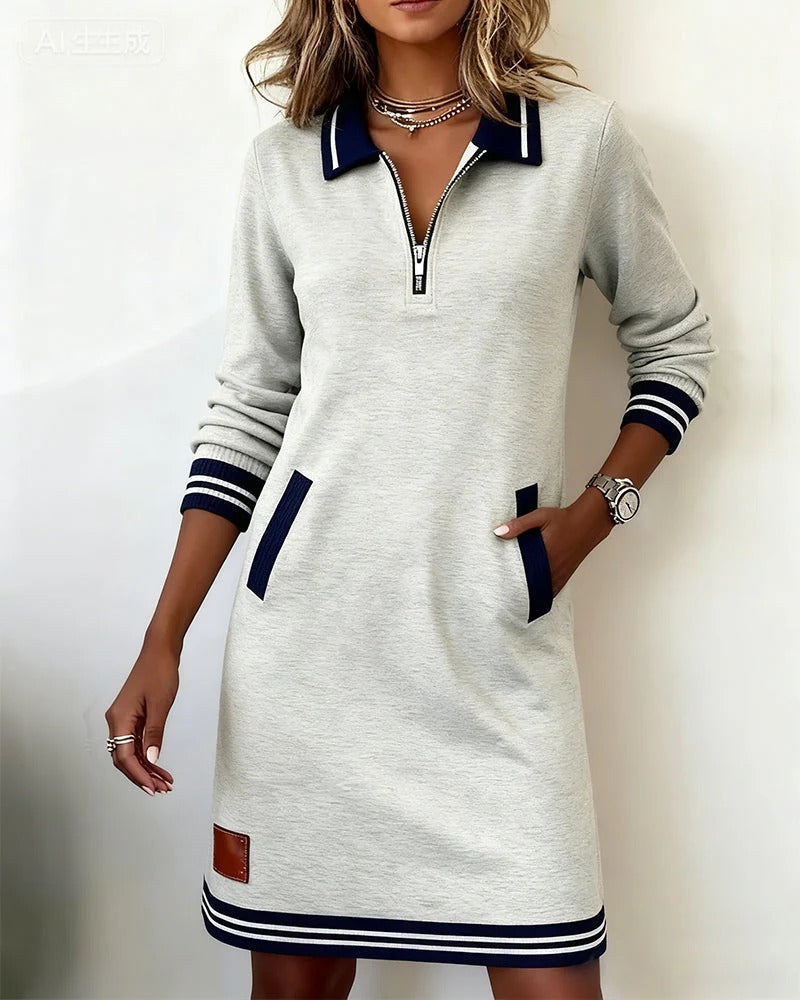 Women's long sleeve lapel collar zip-front cotton-blend dress with side pockets