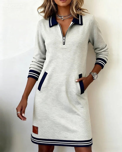 Women's long sleeve lapel collar zip-front cotton-blend dress with side pockets
