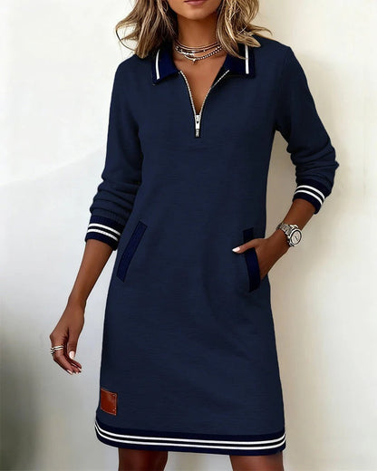 Women's long sleeve lapel collar zip-front cotton-blend dress with side pockets