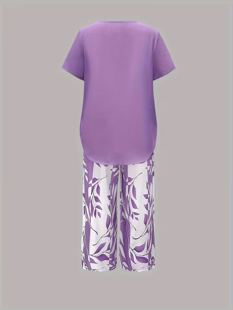 Kessoro women's leaf print top and trouser two-piece set in green, purple, red and sky blue