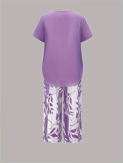 Kessoro women's leaf print top and trouser two-piece set in green, purple, red and sky blue