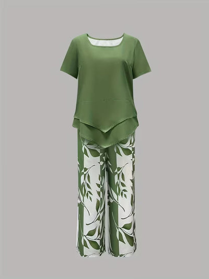 Kessoro women's leaf print top and trouser two-piece set in green, purple, red and sky blue