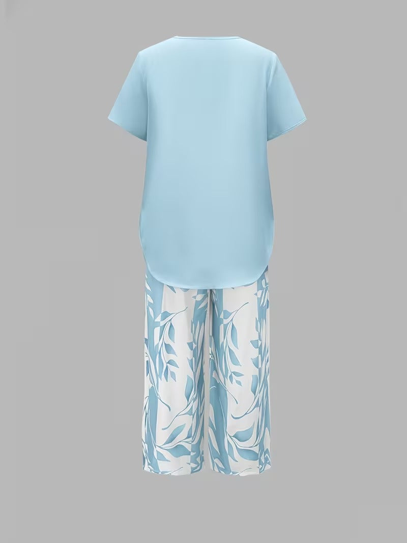 Kessoro women's leaf print top and trouser two-piece set in green, purple, red and sky blue