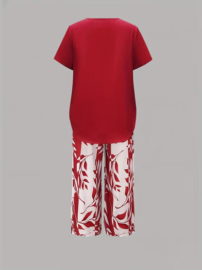 Kessoro women's leaf print top and trouser two-piece set in green, purple, red and sky blue