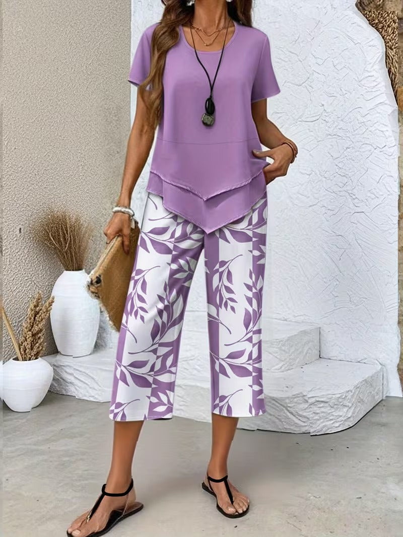 Kessoro women's leaf print top and trouser two-piece set in green, purple, red and sky blue