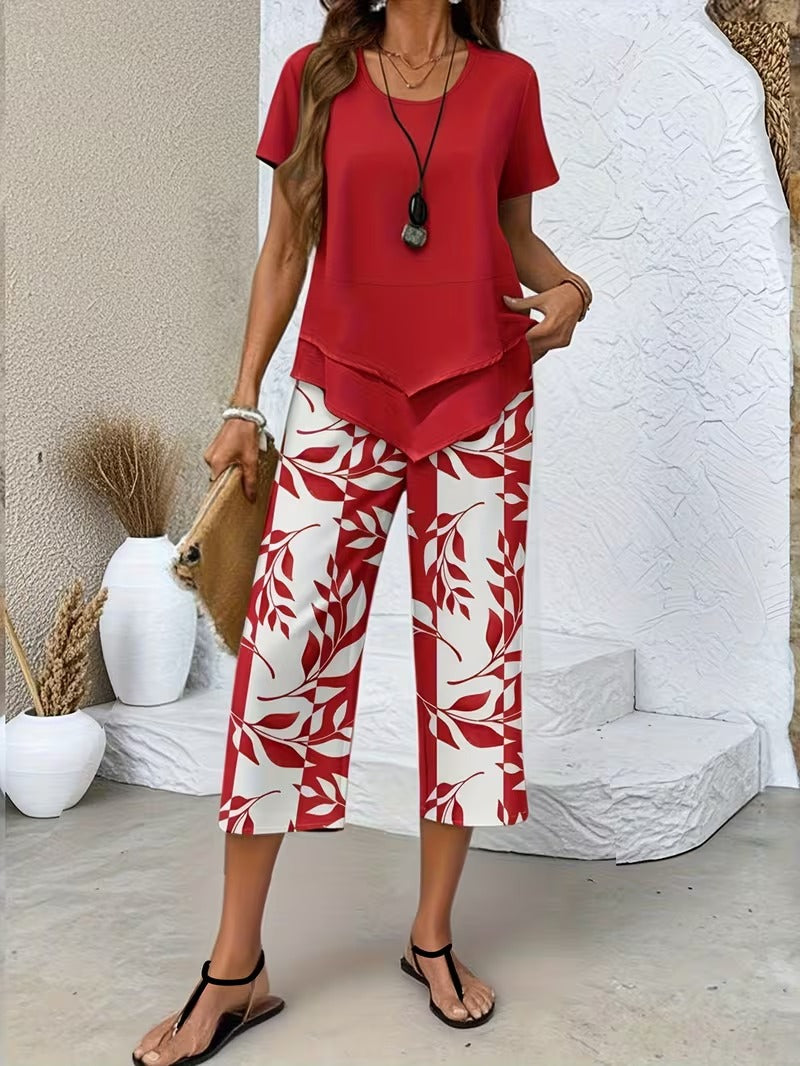 Kessoro women's leaf print top and trouser two-piece set in green, purple, red and sky blue