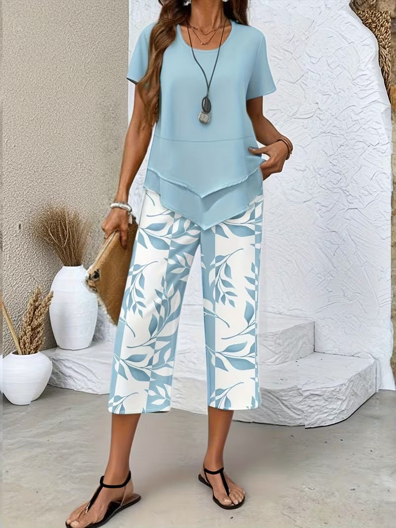 Kessoro women's leaf print top and trouser two-piece set in green, purple, red and sky blue
